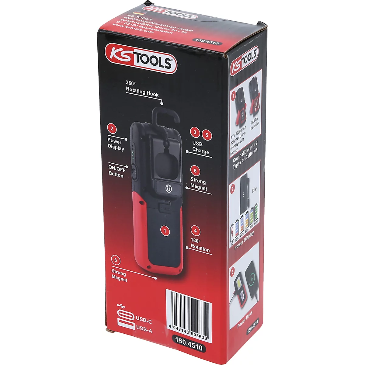 Productdoos met rode en zwarte LED-werklamp. Tekst: KSTOOLS.